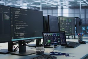 Data center facility employing deep learning technology to maintain company network infrastructure. Neural networks tech used in server room to ensure optimal system performance, handheld camera shot