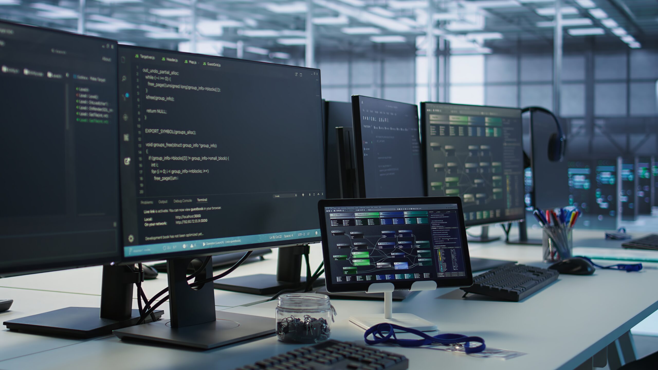 Data center facility employing deep learning technology to maintain company network infrastructure. Neural networks tech used in server room to ensure optimal system performance, handheld camera shot